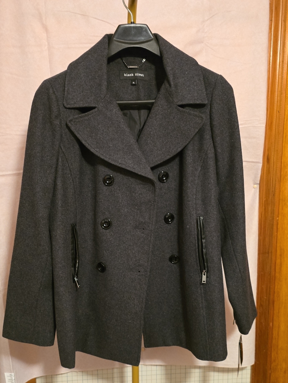 Black Rivet Women's Charcoal Double-Breasted Peacoat